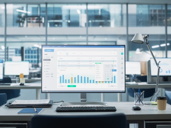 desk with computer screen showing data chart