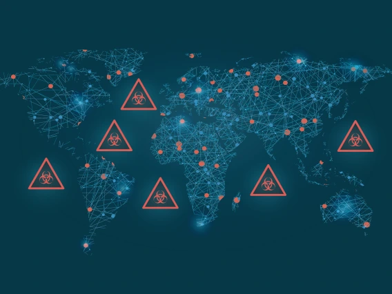 world map with scattered symbols that represent hazards