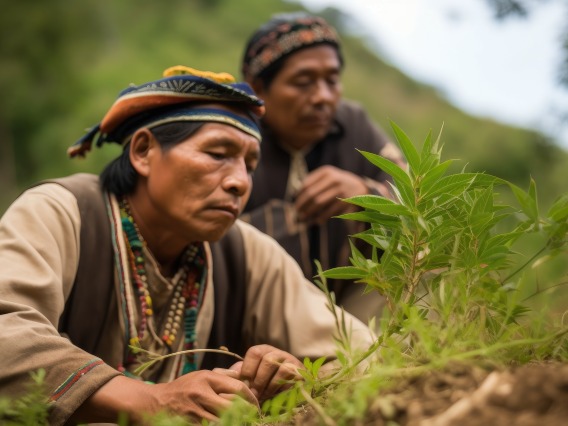 Indigenous person collects medicinal herbs