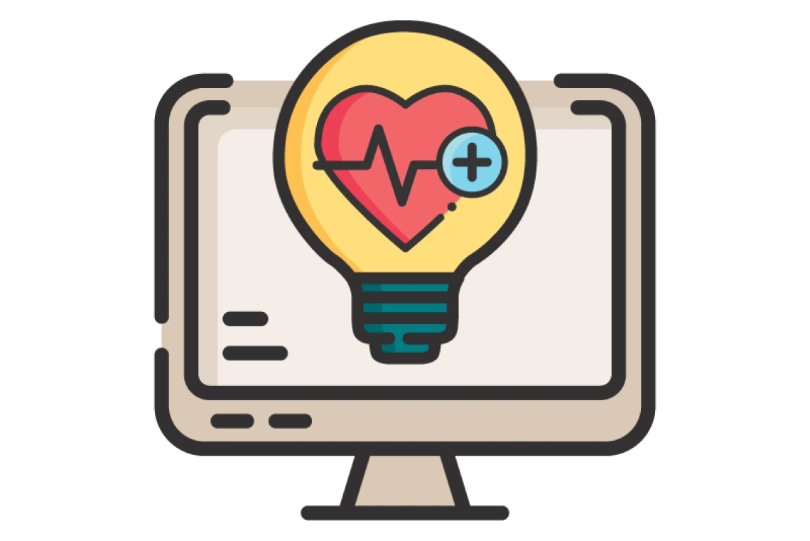 cartoon of computer screen with lightbulb and heart 