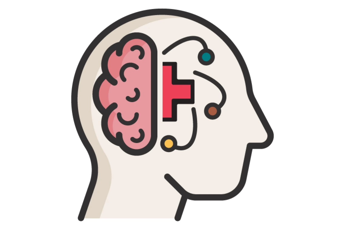 cartoon head with brain and health symbol inside