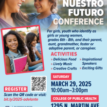 Flyer with young girls carrying notebook. Flyer address where event will take place, along with time. 