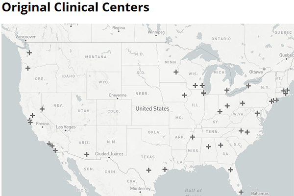 US Map with original 40 centers marked