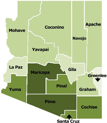 Map of Arizona Counties with County borders
