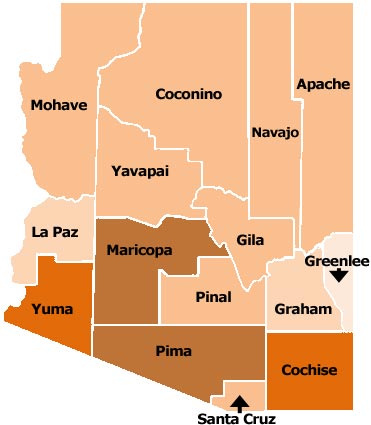Map of Arizona Counties with County borders