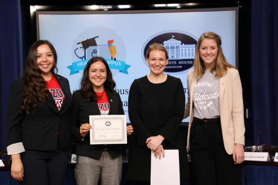 Students and staff from the UA Mel and Enid Zuckerman College of Public Health attended Healthy Campus Challenge Day at the White House. From left, Alyssa Padilla; Nicole Lorona; Kristie Canegallo, former assistant to President Obama and deputy chief of staff for implementation, the White House; and Ariel Hayes.