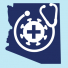 AZCOVIDTEXT-RH logo: Outline of Arizona state with virus and health icon over top.