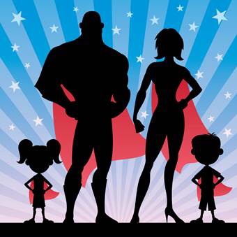 Stylized graphic of four superheroes in profile